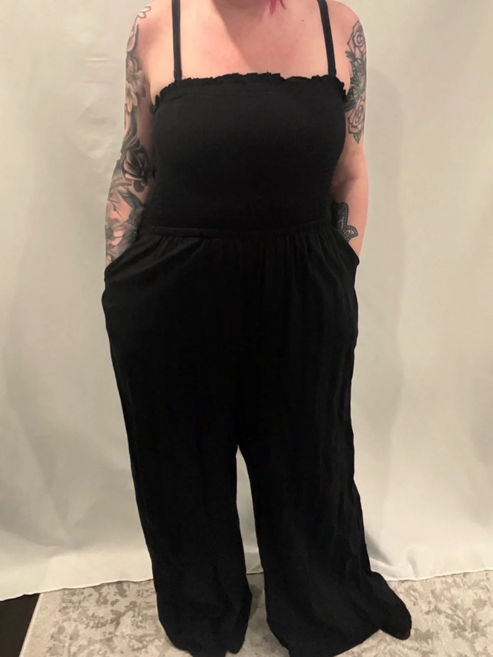 torrid Black Smocked Wide-Leg Jumpsuit with Pockets - Picture 2 of 5